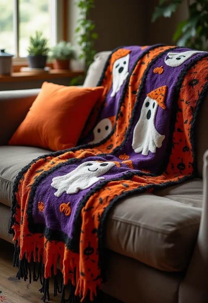 30 Living Room Halloween Decor Ideas for Seasonal Fun - 12. Seasonal Throws and Blankets