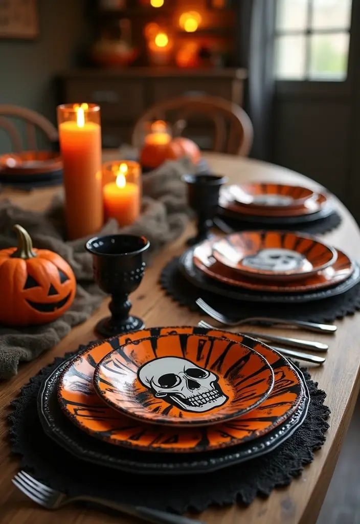 30 Living Room Halloween Decor Ideas for Seasonal Fun - 14. Halloween-Themed Dinnerware
