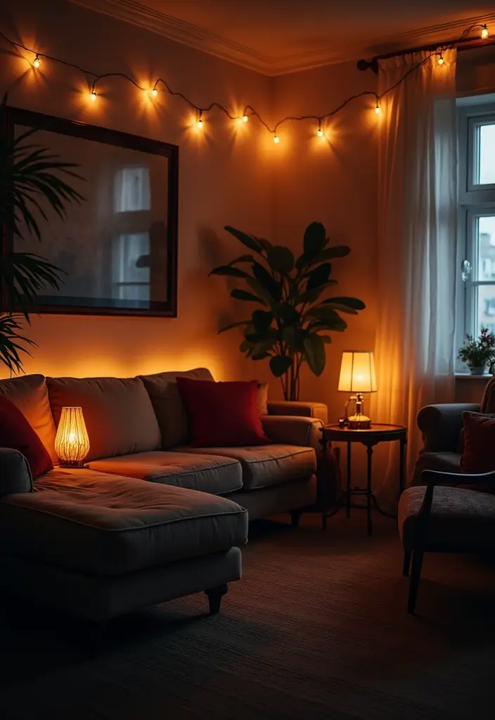 30 Living Room Halloween Decor Ideas for Seasonal Fun - 17. Eerie Lighting