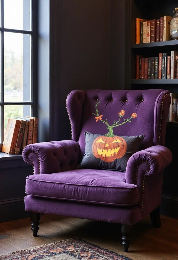 30 Living Room Halloween Decor Ideas for Seasonal Fun - 20. Halloween-Themed Accent Chairs