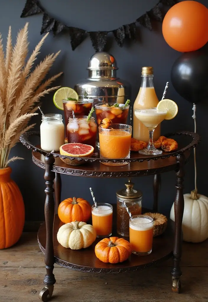30 Living Room Halloween Decor Ideas for Seasonal Fun - 26. Seasonal Beverages Station