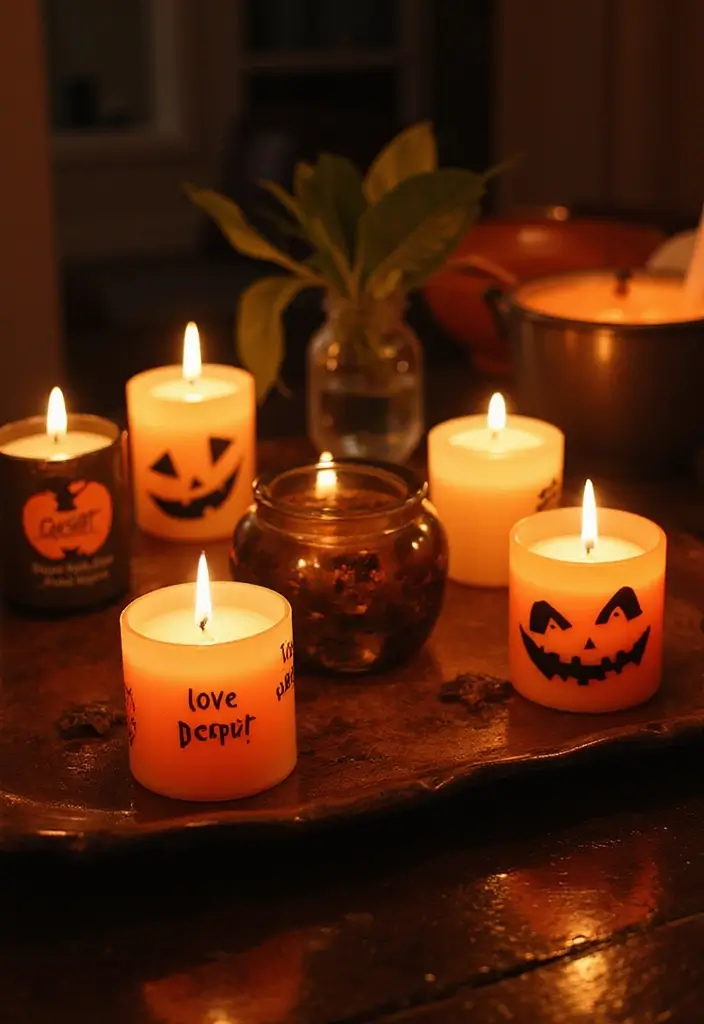 30 Living Room Halloween Decor Ideas for Seasonal Fun - 29. Halloween-Themed Scented Candles