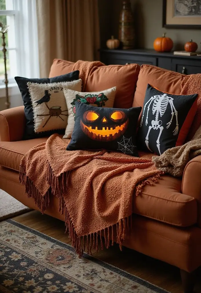 30 Living Room Halloween Decor Ideas for Seasonal Fun - 4. Spooky Throw Pillows