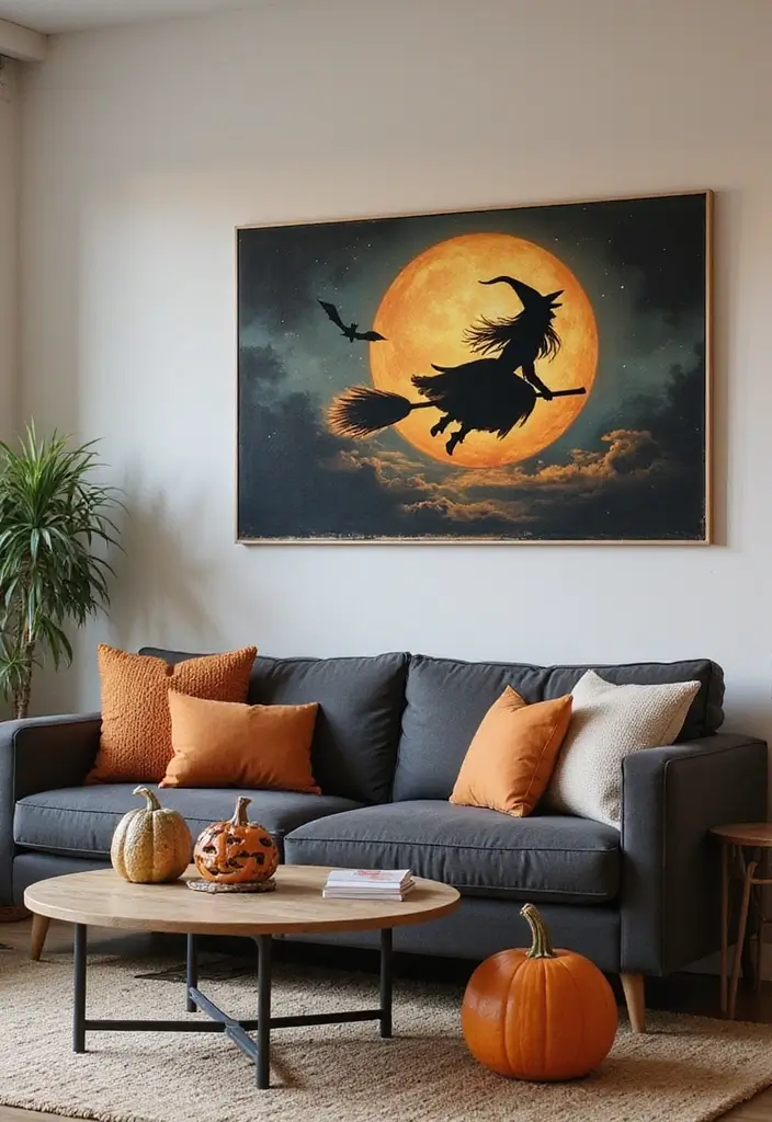 30 Living Room Halloween Decor Ideas for Seasonal Fun - 5. Witchy Wall Art