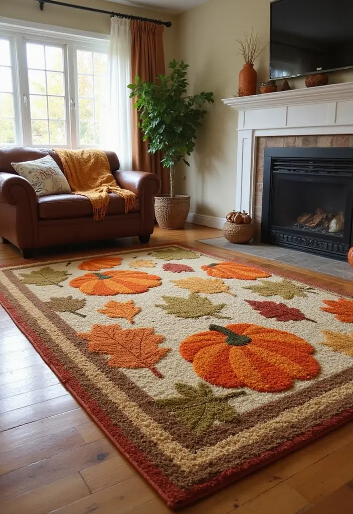 30 Living Room Halloween Decor Ideas for Seasonal Fun - 7. Fall-Inspired Rugs
