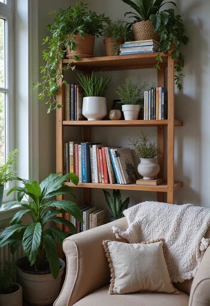 30 Living Room Plants Decor Ideas for a Fresh Vibe - 18. Plant Accents on Bookshelves