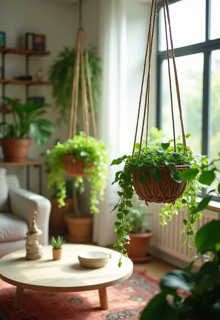 30 Living Room Plants Decor Ideas for a Fresh Vibe - 22. Stylish Plant Hangers