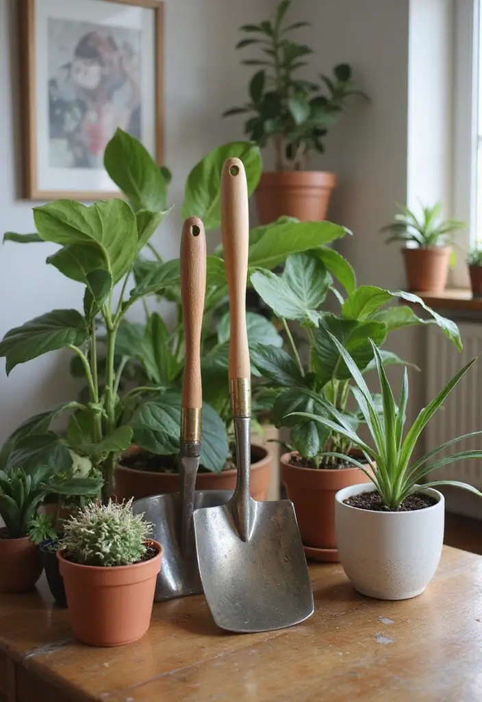 30 Living Room Plants Decor Ideas for a Fresh Vibe - 27. Incorporate Plant Care Tools as Decor