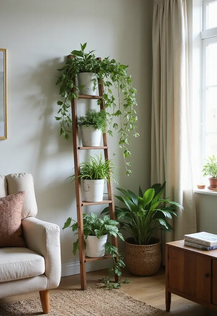 30 Living Room Plants Decor Ideas for a Fresh Vibe - 3. Plant Ladder Display