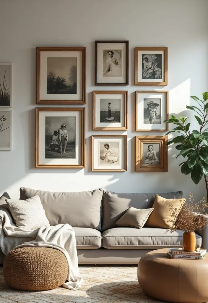 30 Living Room Wall Decor Ideas for Every Style - 12. Mismatched Art Frames