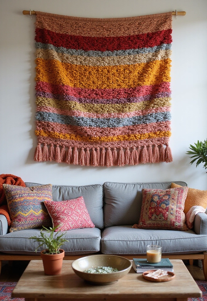 30 Living Room Wall Decor Ideas for Every Style - 4. Vibrant Textile Hangings