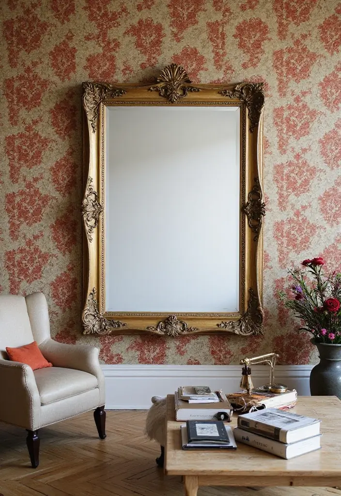 30 Mirror Decor Living Room Ideas to Brighten Your Home - 12. Mirror Frames with Wallpaper