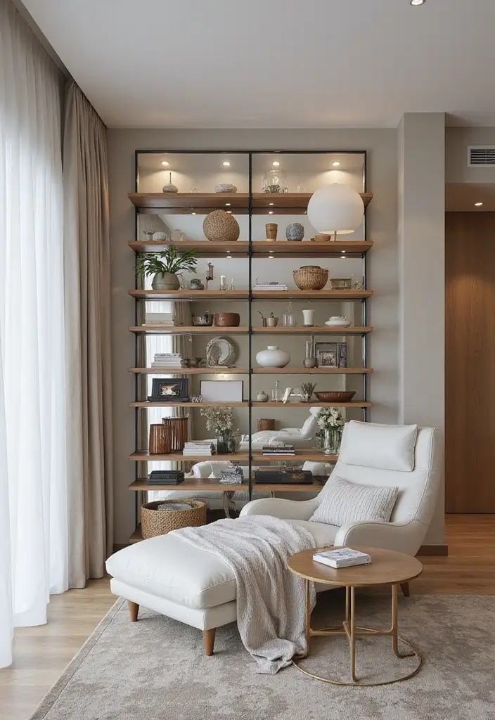 30 Mirror Decor Living Room Ideas to Brighten Your Home - 24. Mirror-Backed Shelving Units