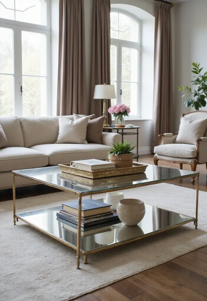 30 Mirror Decor Living Room Ideas to Brighten Your Home - 4. Mirrored Coffee Tables