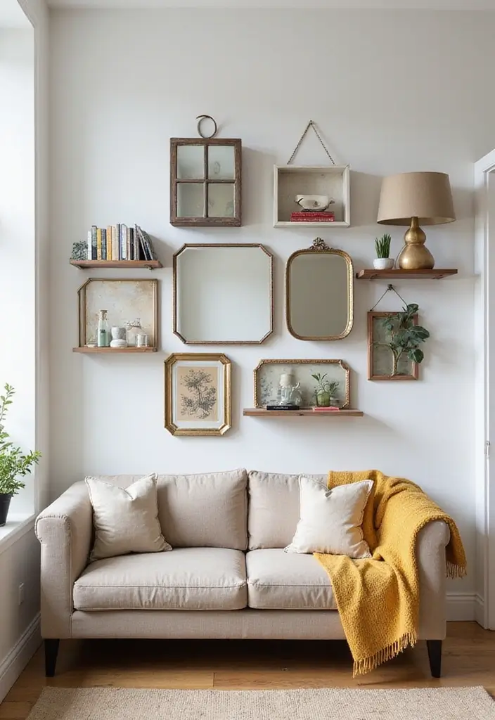 30 Mirror Decor Living Room Ideas to Brighten Your Home - 7. Mirrored Wall Shelves