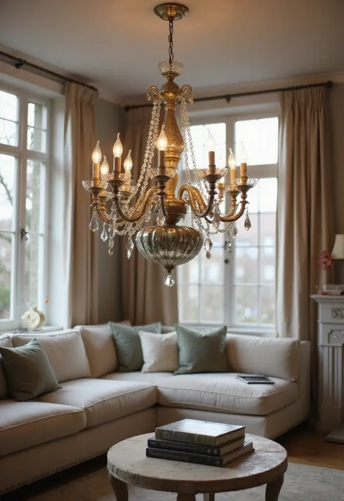 30 Mirror Decor Living Room Ideas to Brighten Your Home - 8. Mirror Accented Lighting Fixtures