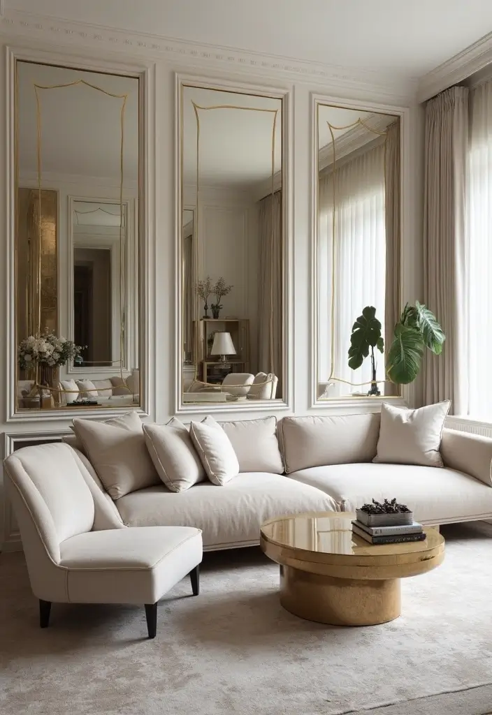 30 Mirror Wall Decor Living Room Ideas for Reflective Beauty - 12. Mirrored Wall Panels