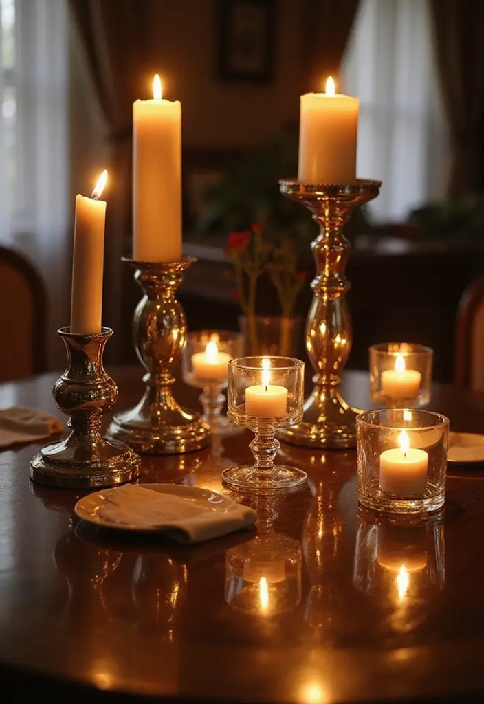 30 Mirror Wall Decor Living Room Ideas for Reflective Beauty - 13. Mirrored Candle Holders