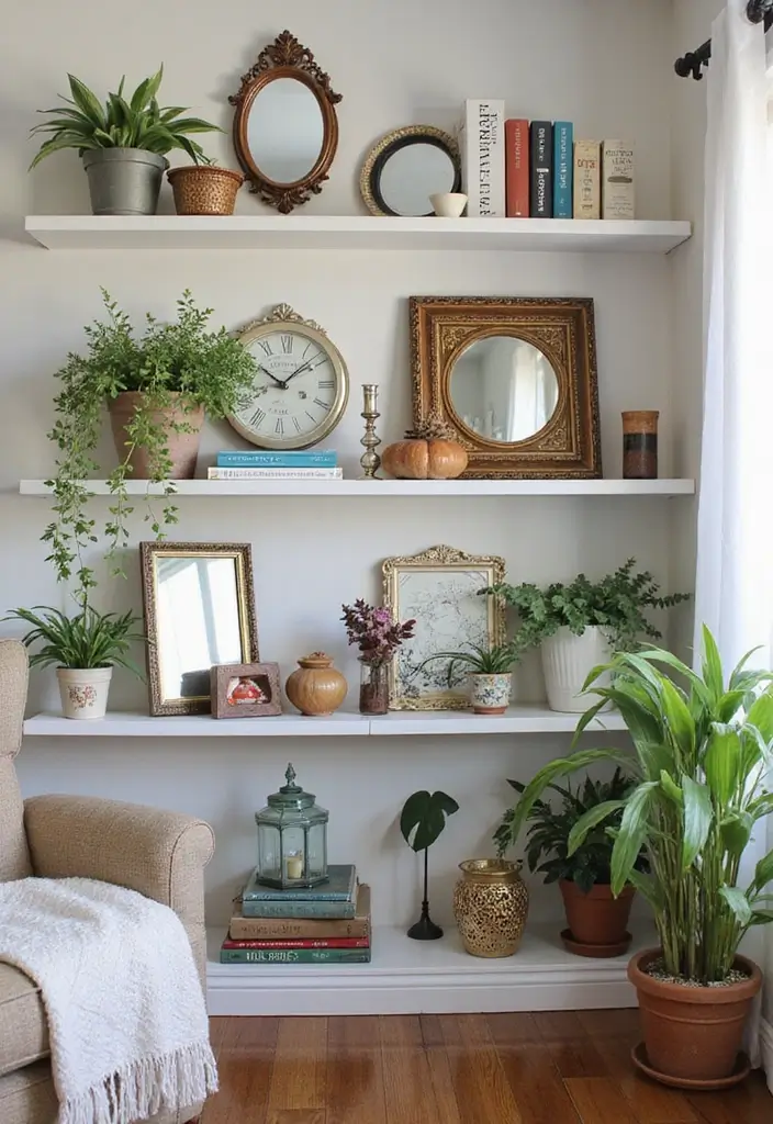 30 Mirror Wall Decor Living Room Ideas for Reflective Beauty - 14. Vintage Mirror Décor Accents