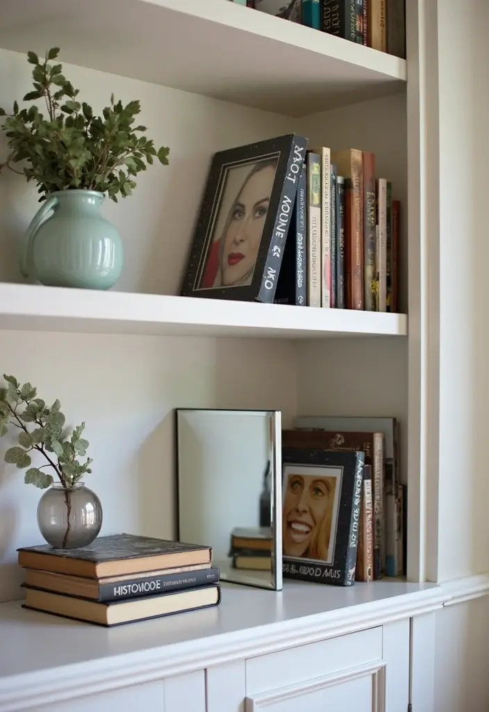 30 Mirror Wall Decor Living Room Ideas for Reflective Beauty - 20. Mirrored Bookends