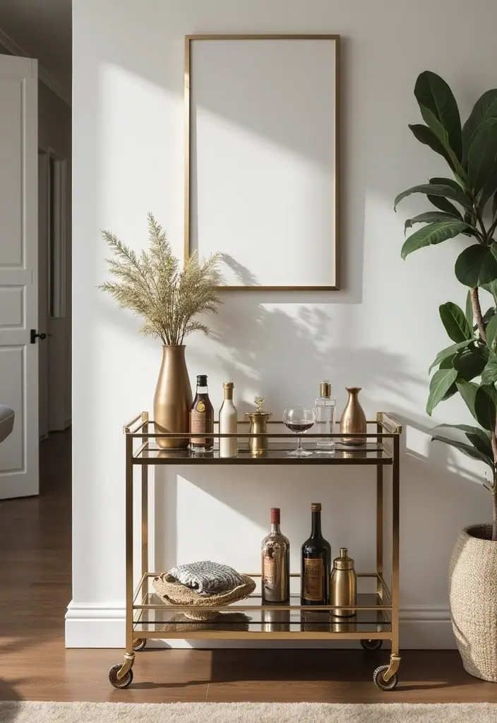 30 Mirror Wall Decor Living Room Ideas for Reflective Beauty - 23. Mirrored Bar Carts