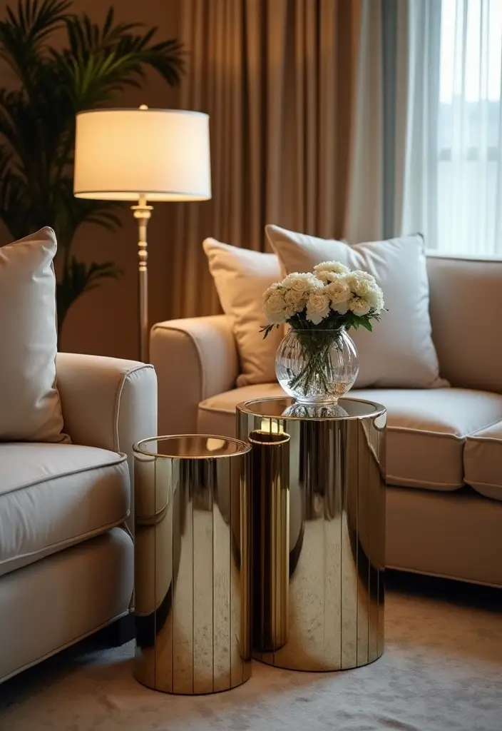 30 Mirror Wall Decor Living Room Ideas for Reflective Beauty - 24. Mirrored Side Tables