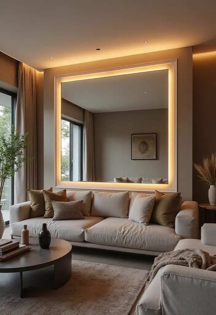 30 Mirror Wall Decor Living Room Ideas for Reflective Beauty - 26. Mirrored Frames with Lighting