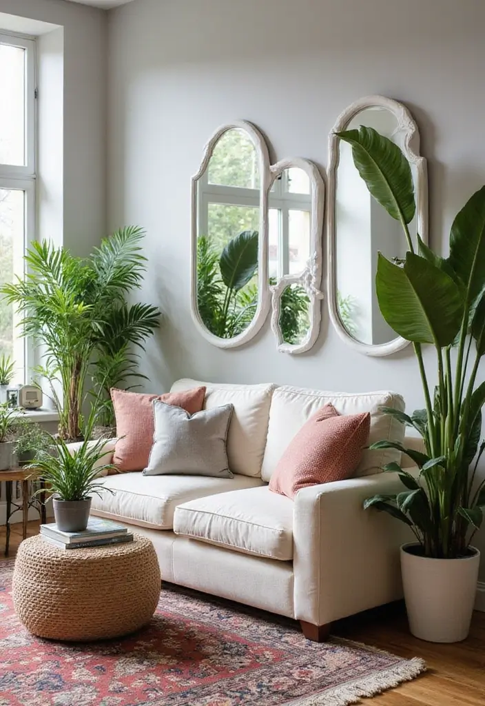 30 Mirror Wall Decor Living Room Ideas for Reflective Beauty - 27. Mirrored Garden Accents