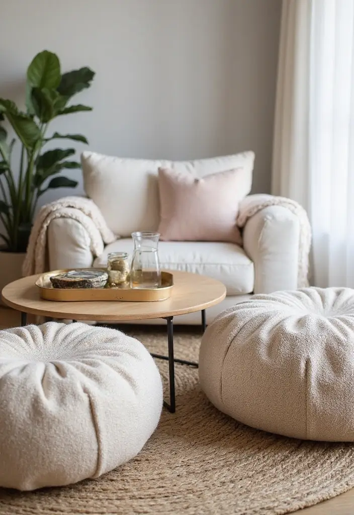 30 Neutral Living Room Decor Ideas for Subtle Elegance - 19. Chic Poufs