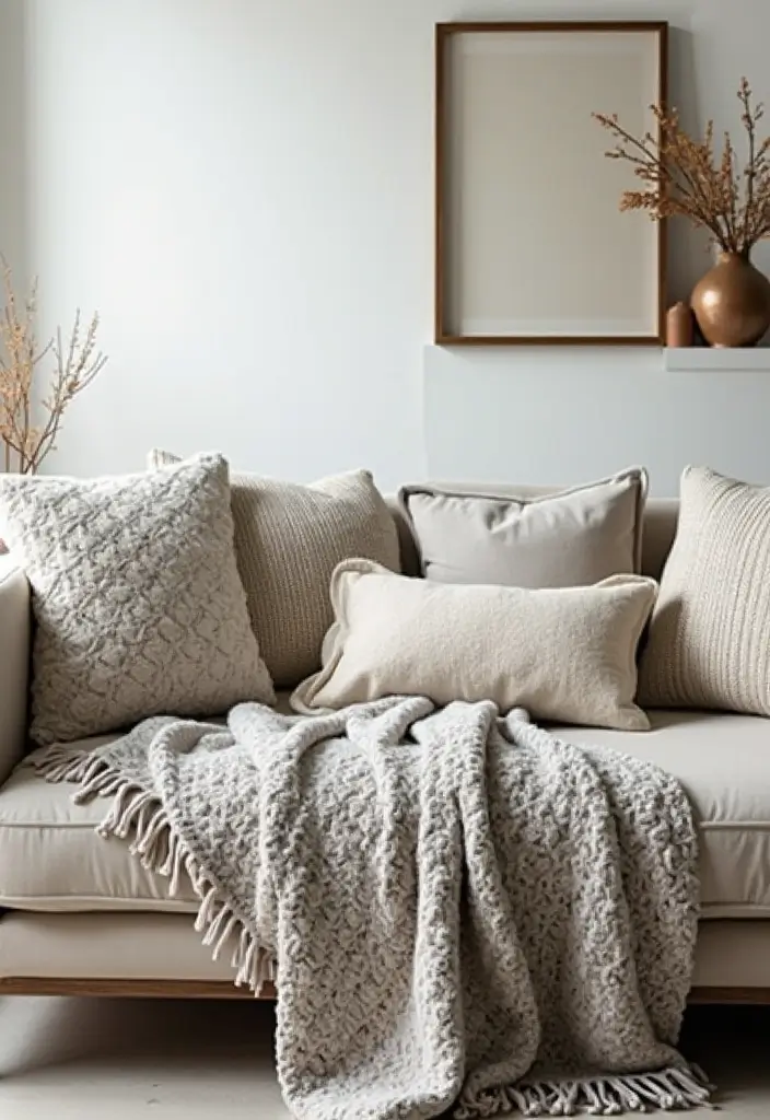 30 Neutral Living Room Decor Ideas for Subtle Elegance - 2. Cozy Textured Throws