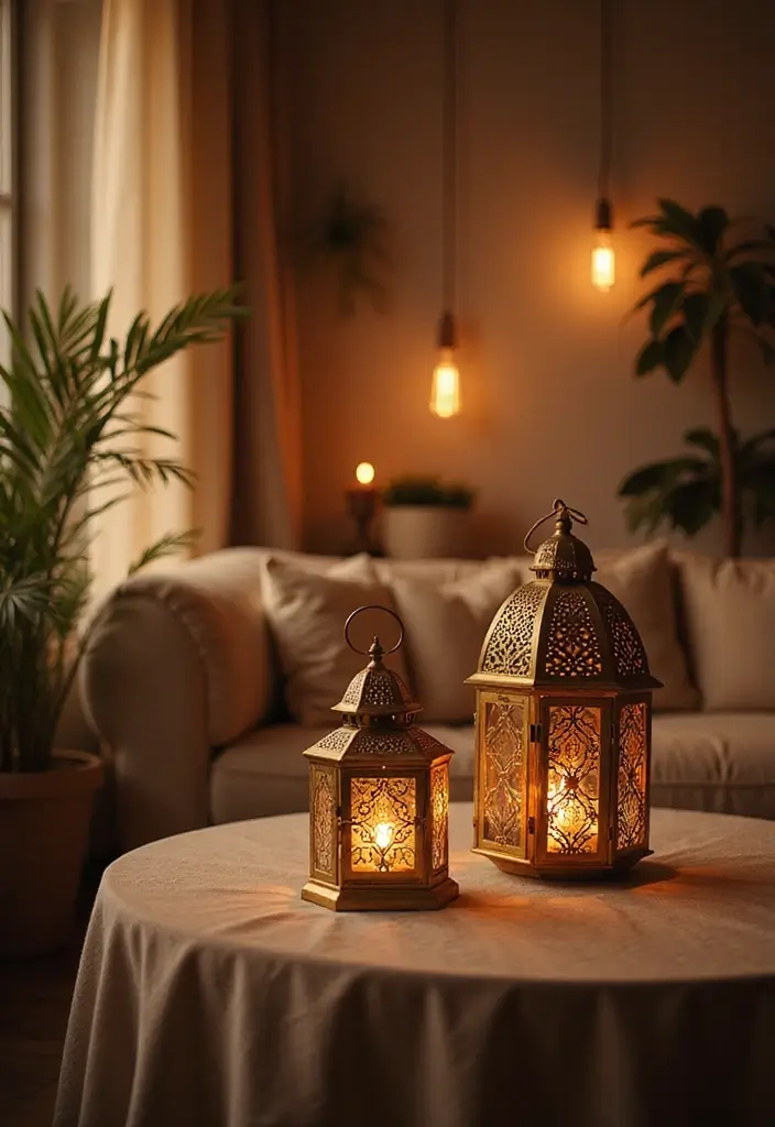 30 Neutral Living Room Decor Ideas for Subtle Elegance - 20. Soft Lighting with Lanterns