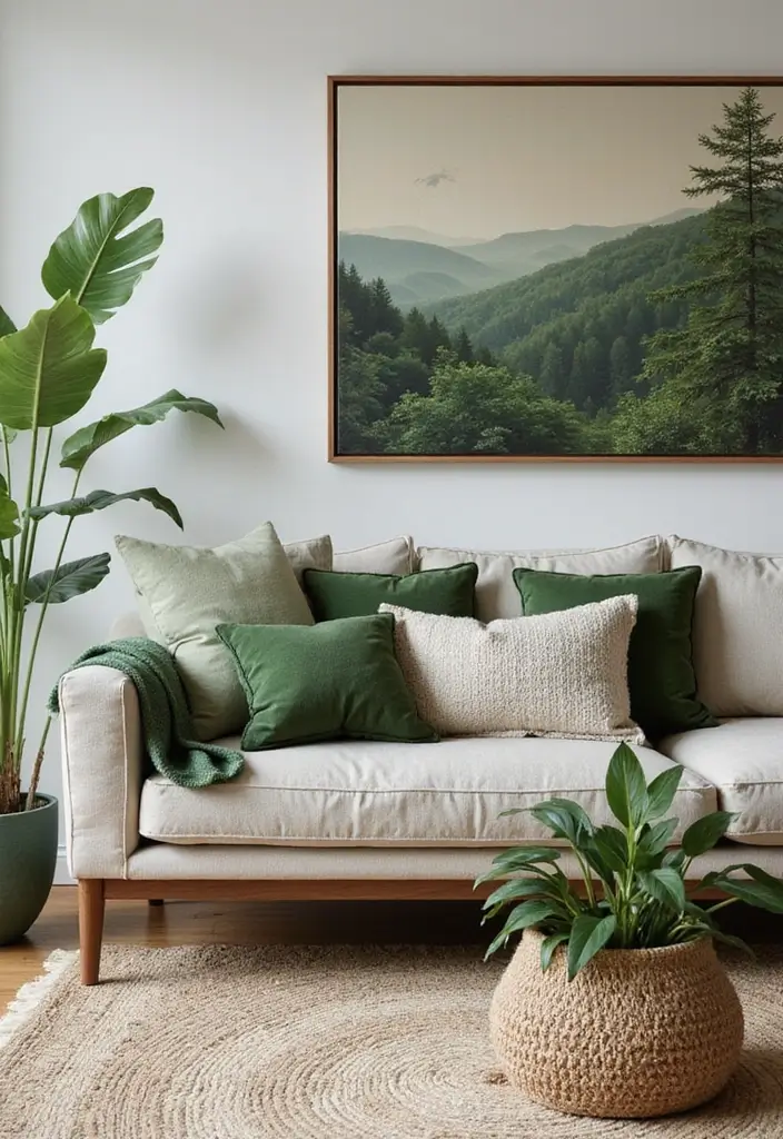 30 Neutral Living Room Decor Ideas for Subtle Elegance - 9. Earthy Green Accents