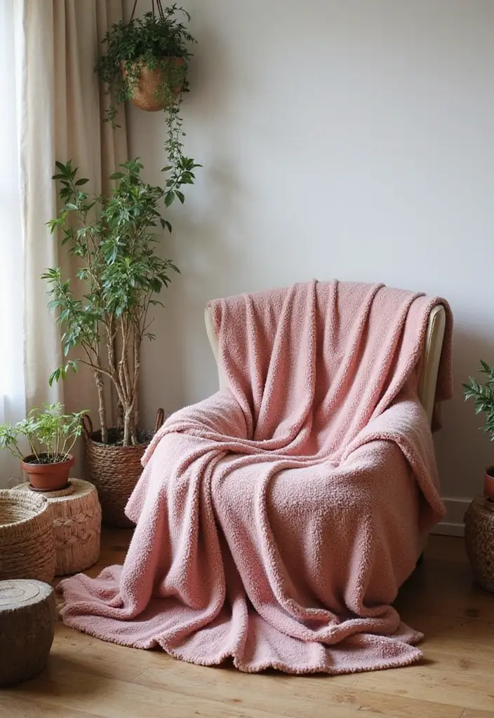 30 Pink Living Room Decor Ideas for a Soft and Playful Look - 10. Cozy Pink Throws