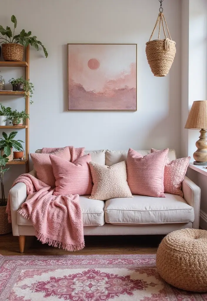 30 Pink Living Room Decor Ideas for a Soft and Playful Look - 12. Layered Textiles