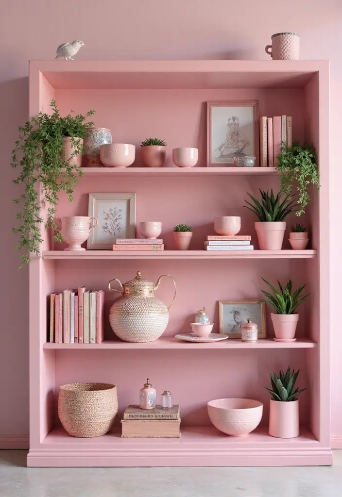 30 Pink Living Room Decor Ideas for a Soft and Playful Look - 13. Pink Bookshelves
