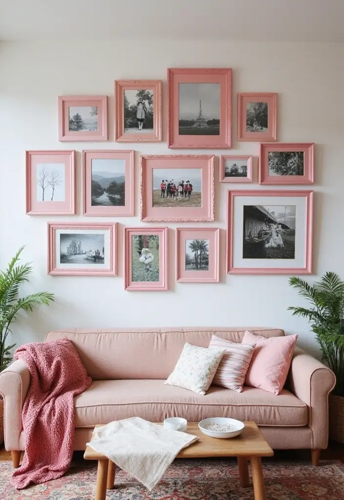 30 Pink Living Room Decor Ideas for a Soft and Playful Look - 19. Pink Picture Frames