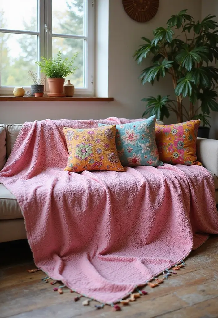 30 Pink Living Room Decor Ideas for a Soft and Playful Look - 23. Pink Decorative Quilts