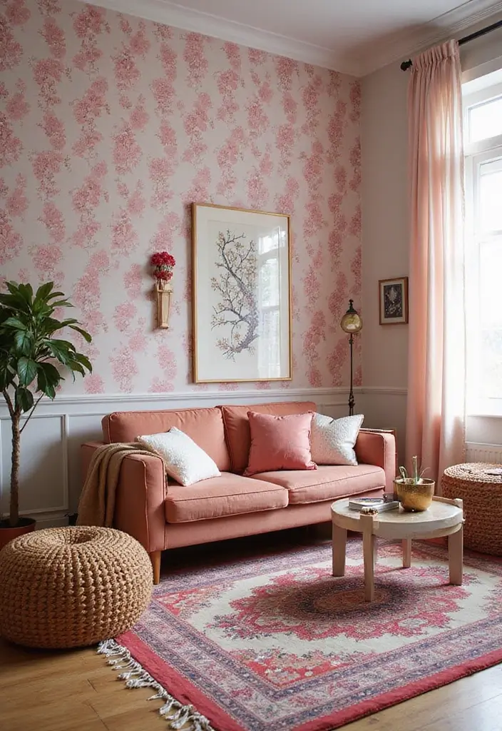 30 Pink Living Room Decor Ideas for a Soft and Playful Look - 24. Pink Floral Wallpaper