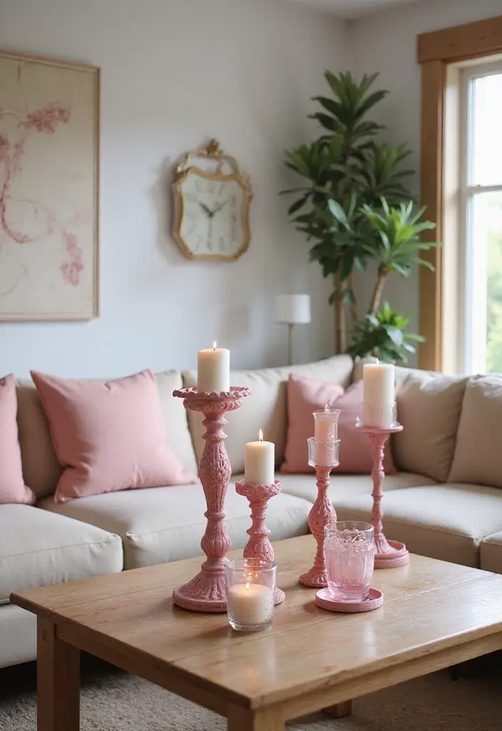 30 Pink Living Room Decor Ideas for a Soft and Playful Look - 25. Pink Candle Holders