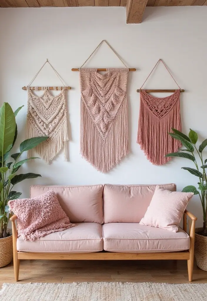 30 Pink Living Room Decor Ideas for a Soft and Playful Look - 26. Pink Wall Hangings