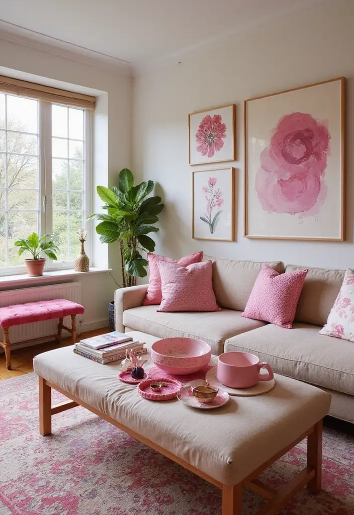 30 Pink Living Room Decor Ideas for a Soft and Playful Look - 27. Pink Themed Accents