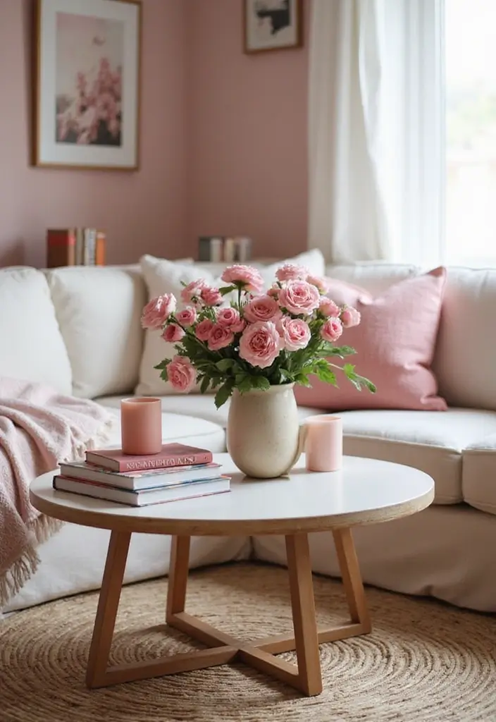 30 Pink Living Room Decor Ideas for a Soft and Playful Look - 28. Pink Coffee Table Decor