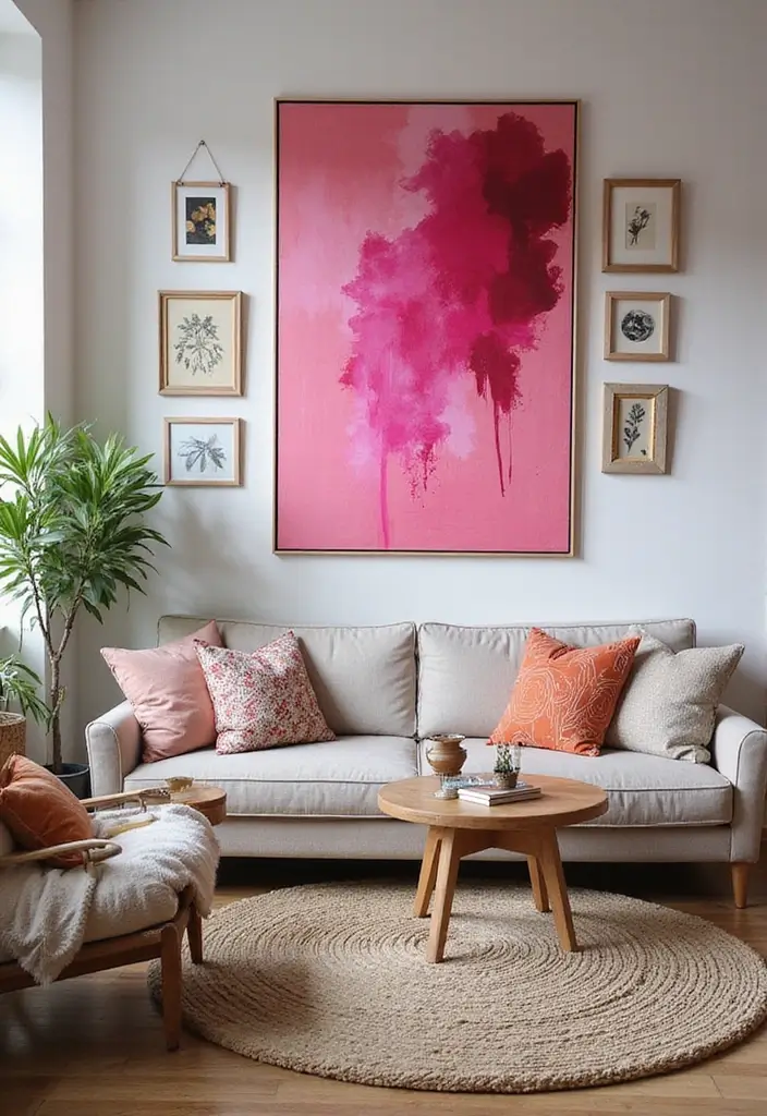 30 Pink Living Room Decor Ideas for a Soft and Playful Look - 29. Pink Statement Wall Art