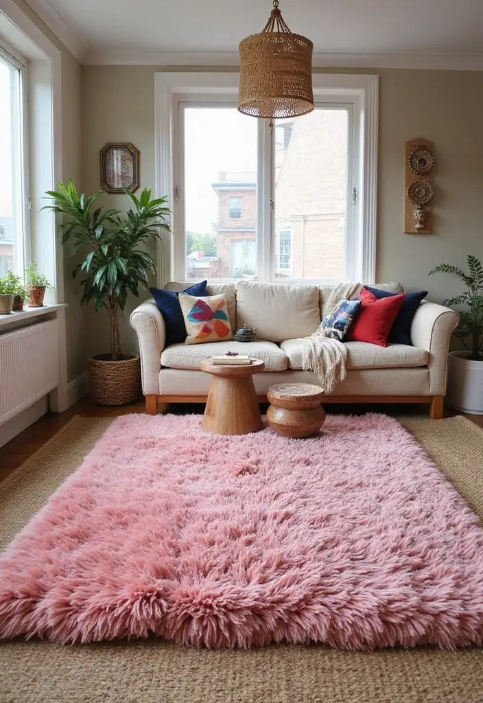 30 Pink Living Room Decor Ideas for a Soft and Playful Look - 3. Playful Pink Rugs
