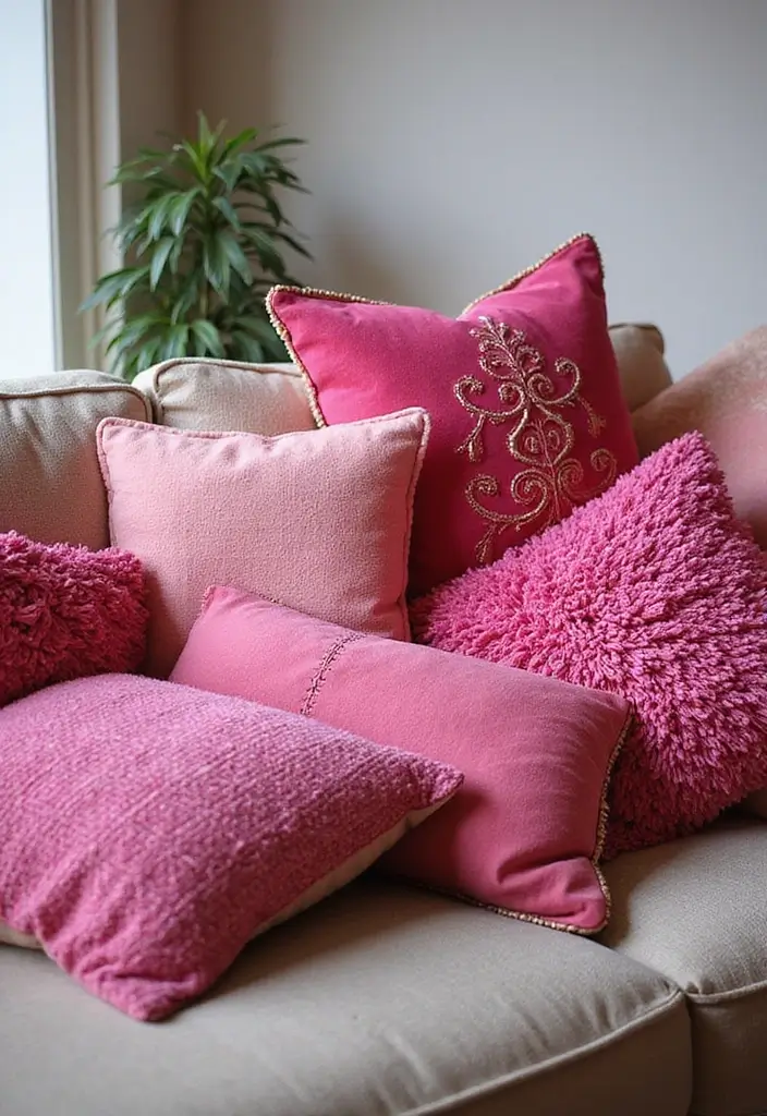 30 Pink Living Room Decor Ideas for a Soft and Playful Look - 4. Feminine Pink Throw Pillows