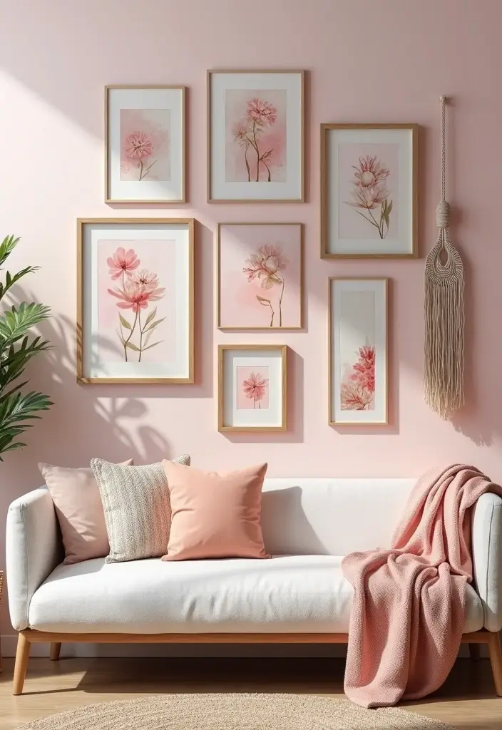 30 Pink Living Room Decor Ideas for a Soft and Playful Look - 7. Artistic Pink Wall Art