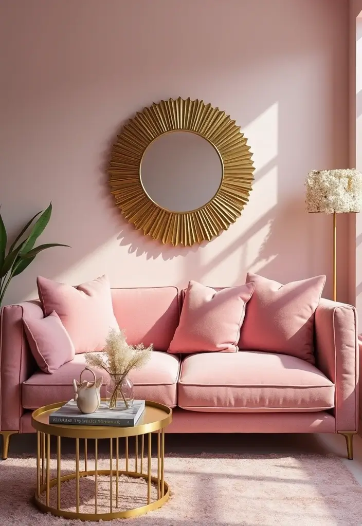 30 Pink Living Room Decor Ideas for a Soft and Playful Look - 8. Pink and Gold Accents