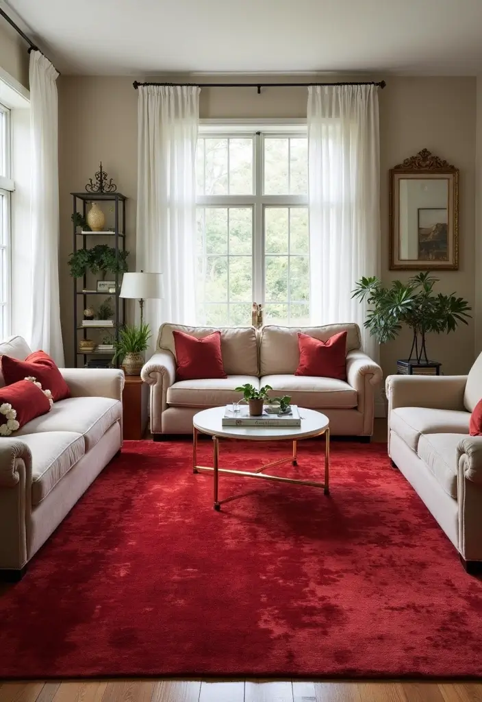 30 Red Living Room Decor Ideas for a Vibrant Home - 11. Statement Red Area Rugs