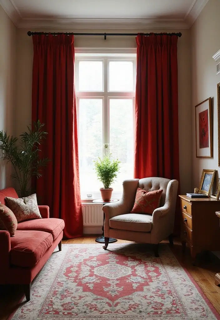 30 Red Living Room Decor Ideas for a Vibrant Home - 12. Red Window Treatments