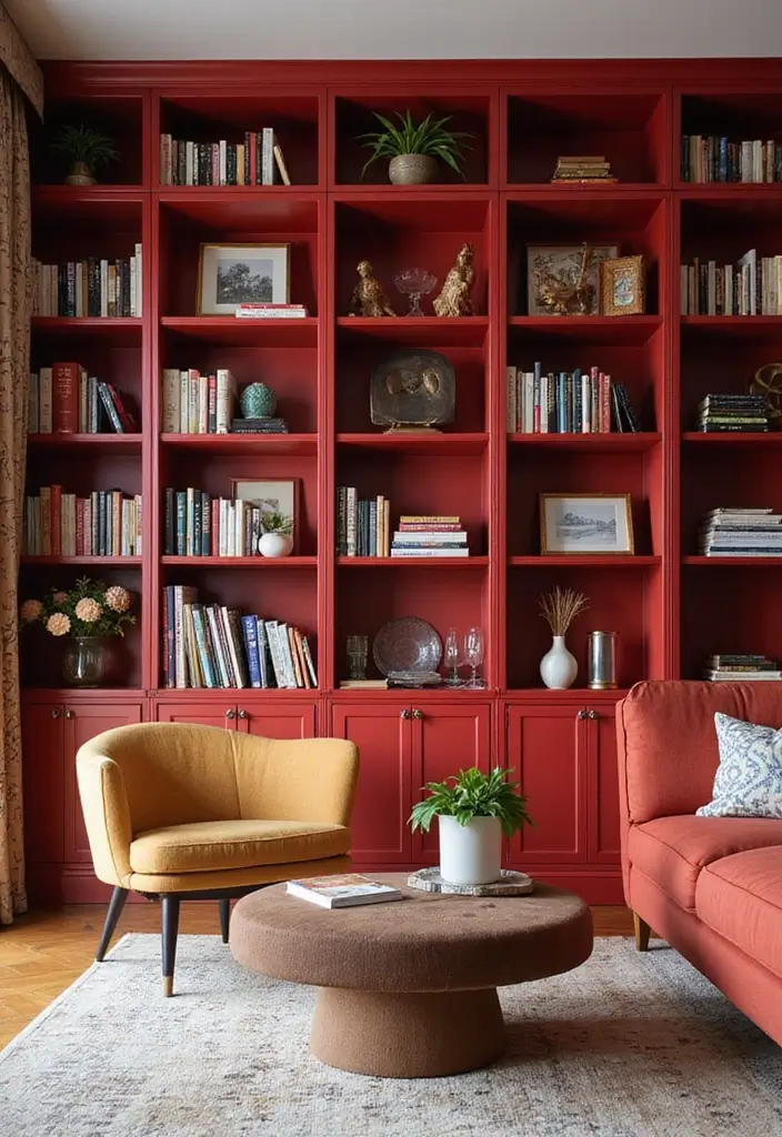 30 Red Living Room Decor Ideas for a Vibrant Home - 17. Red Bookcases